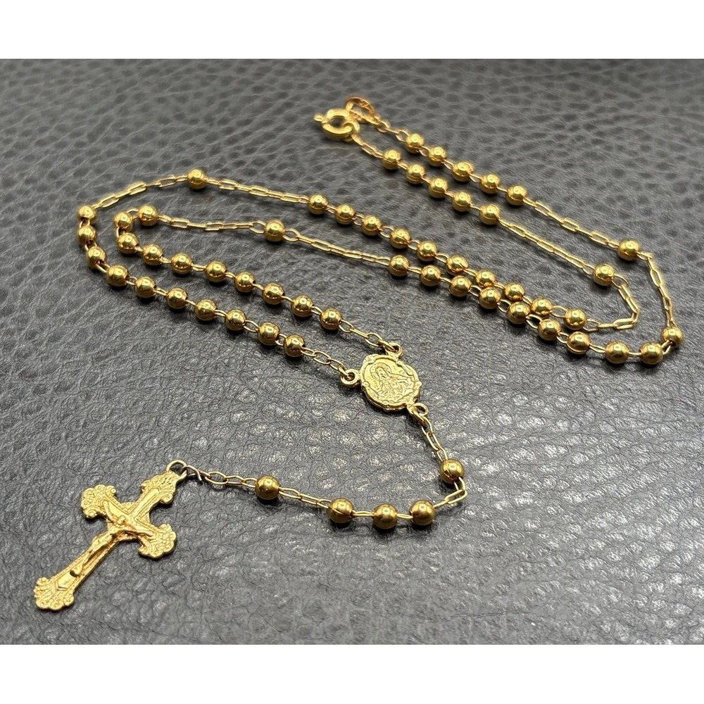 Vintage 10K Gold Filled Dainty Rosary Necklace Crucifix Cross And Medal 18"